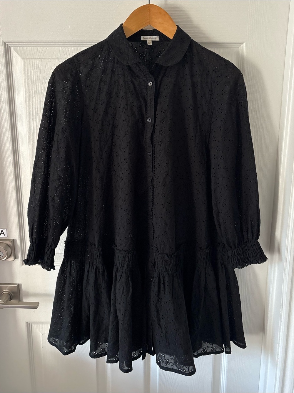 Poupette St Barth Tesorino Embroidered Cotton Eyelet Shirt Dress – Black S/M - Picture 2 of 7
